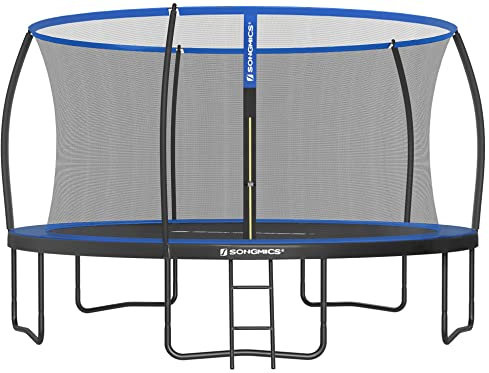 SONGMICS Trampolin Outdoor Ø 427 cm, Gartentrampolin für Kinder mit Sicherheitsnetz, 180 cm hohe Gebogene Stangen, Randabdeckung, Leiter, Stahl-Rahmen, schwarz-blau STR142Q01