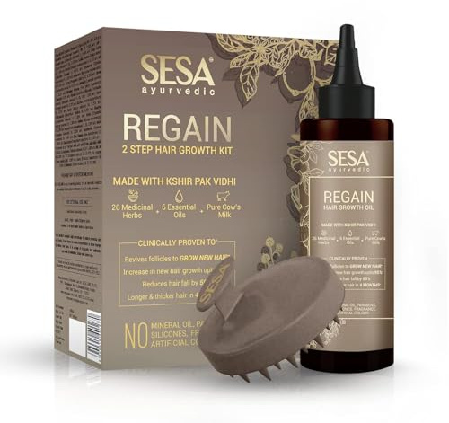 SESA Ayurvedisches Rephase-Haaröl-Wachstums-Set mit 26 Kräutern und 6 ätherischen Ölen, fördert das Haarwachstum, reduziert Haarausfall, mit Massagegerät, natürliches Haaröl für Frauen und Männer, 100