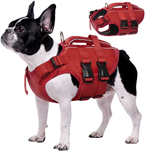Kuoser Schwimmweste Hund, Hunde Schwimmweste mit Griff, Rot S | Ripstop Hunde Schwimmweste mit hohem Auftrieb, verstellbar für kleine mittelgroße & große Hunde, mit reflektierenden Streifen