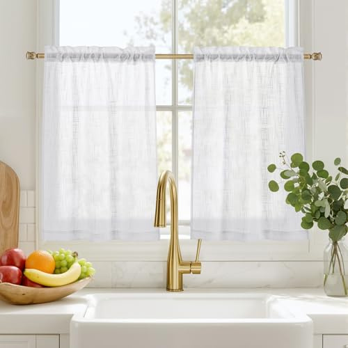 PONY DANCE Tende Bianche Soggiorno Semitrasparenti Effetto Lino Tende a Vetro per Porta Finestra per Cucina Curtains con Tasca Decorazione 2 Pezzi 60x120 CM