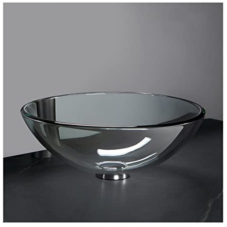 MUSUMI Badezimmer-Waschbecken, 17-Zoll-Grau-Aufsatzwaschbecken-Set, rundes Badezimmerbecken aus gehärtetem Glas (A)