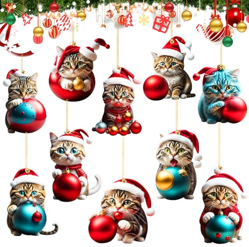 10 Stück Weihnachtsbaum Katzen Anhänger Niedlicher Acryl Katze Anhänger Weihnachts Deko Süße Christbaumschmuck Weihnachtsschmuck Geschenk Lustiger Weihnachten Katzen Ornament (A)