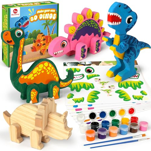 Mocoosy Hölzerne Dinosauriermalerei Kunsthandwerks -Kit für Kinder, Machen Sie Ihr eigenes Dinosaurierspielzeug Kinder Malsets, Holz Stem Spielzeug Aktivitäten Geschenke für Jungen Mädchen im Alter 3+