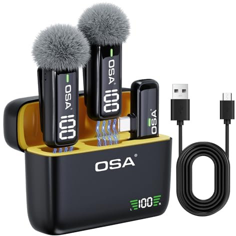 OSA Microfono Lavalier per telefono con custodia di ricarica e trasmettitore display digitale, set di 2, per telefono USB C, registrazione, registrazione video professionale, microfono da bavero