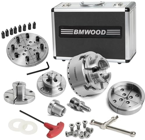 Wood Lathe Chuck 3-3/4 Self Centering Chuck Set,1-1/4”x 8TPI Thread with Dovetail Jaws, 5Flat, Pin Jaw, Step Jaw, Wide Jaw, Thread Adaptor to 1x8tpi, Wood screw, Nylon Washers in Aluminum Case.