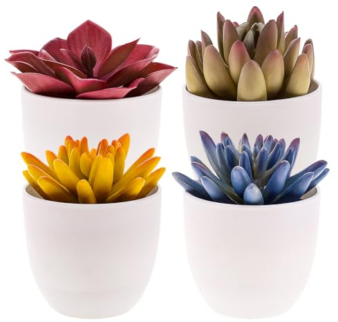 Gresorth 4 Pack Artificial Succulents Plant Decoration in Pots Fake Aloe Purple Ornament Faux Yellow Mini Potted Display for Kitchen Party