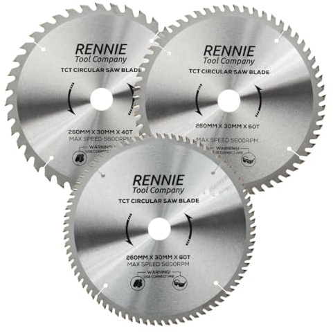 Rennie Tool 3pc 260mm x 30mm x 40T 60T 80T TCT Circular Saw Blades For Wood | Compatible with Festool Bosch Makita Dewalt Circular Saws Etc. Includes 25mm 20mm & 16mm Bore Reduction Rings.