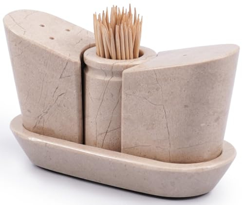 SPESHSTONES Marmorsalt- och pepparkar set 6 cm handgjorda beige salt och pepparkällare med bricka för köksdekor och tillbehör, saltkar i sten, kryddburkar och kryddbehållare