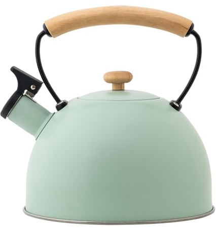 Bouilloire sifflante en acier inoxydable - Style rétro - Poignée en bois - Capacité : 3 l - Avec fond plat - Convient pour cuisinières à gaz, à induction et autres cuisinières