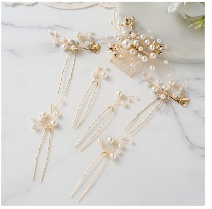 SWEETV Bridal Wedding Hair Accessories Set of 7, Pearl Wedding Hair Comb Rhinestone HairPins Leaf HairPieces Elegant Bridal Headpieces Accessories for Brides Bridesmaids Women Girls