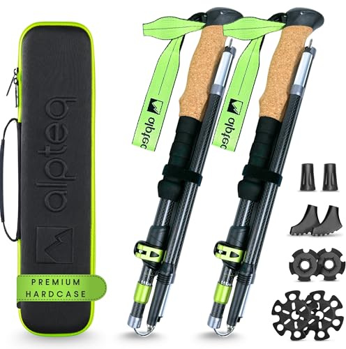 Alpteq® Wanderstöcke faltbar Carbon mit Korkgriff | Bergsport Trekkingstöcke | Nordic Walking Stöcke Damen & Herren | extra leicht und Teleskop variabel (Carbon 115-135 cm | Lime Green)