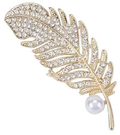 GORGECRAFT Broche en Plumes Dorées Broche en Strass avec Alliage de Perles en Plastique Diamant Brillant Vintage Élégante Décoration de Revers de Banquet pour Fête de Mariage Sac à Dos Vêtements