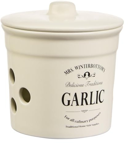 BUTLERS 3er Set Knoblauchdose MRS. WINTERBOTTOM'S Steingut Ø14cm | Knoblauchtopf Luftlöcher Retro | ideal für Küche Aufbewahrung Landhausstil