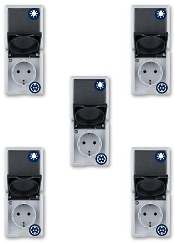REV AquaForm SPARSET - 5x Lichtschalter + Steckdose, IP44, senkrecht, grau | Senkrechte Aufputzmontage | IP44: Feuchtraum geeignet