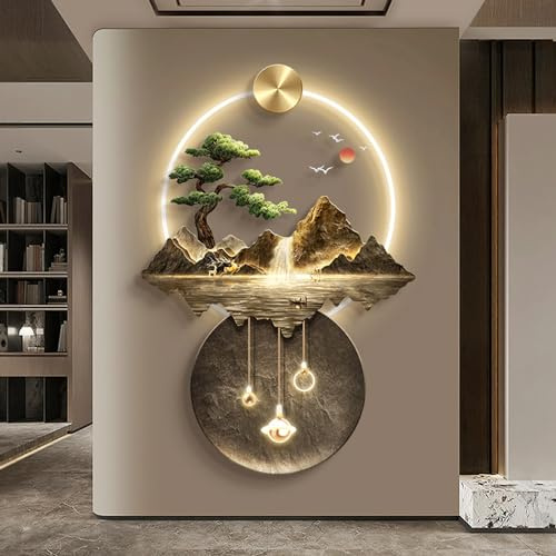 3D väggmålning vägghängande skulptur ， 3D väggmålning med ljus, metall väggmonterad skulptur, lyxiga berg vatten träd väggdekor, orientalisk dekor Landskap hängande målningar(B,60x90cm)