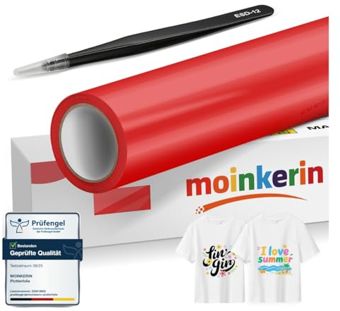 moinkerin Plotterfolie Textil Rot mit Pinzette 30,5x200cm | Haftstark & Waschbeständig für Kleidungs-DIY, T-Shirt, Hüte, Andere Stoffe | Iron On Folie für Schneidemaschinen
