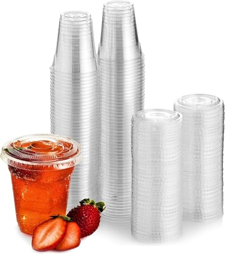 ECONX 100 X Smoothie Cups with Flat Lids 8oz Strong Clear Plastic Cups Reusable for Smoothies, Juice, Milkshakes, Iced Coffee, Slushy, Bubble Tea, Thick Drinks Perfect for Takeaway Restaurants