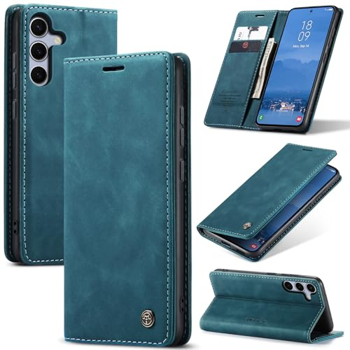 Cracedily for Samsung Galaxy S25 FE 5G Case, Wallet Case Flip Leather with Card Holder Magnetic Closure Shockproof Kickstand Protective Phone Cases Cover for Galaxy S25 FE, Blue-Green