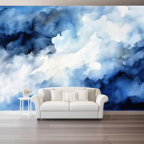 Carta da Parati Fotografica Astratto Acquerello Nuvole 250 x 175 cm, Murale Muro Poster Gigante Design Decorazione per Soggiorno Camera De Letto Sala Ufficio, Blu Bianco