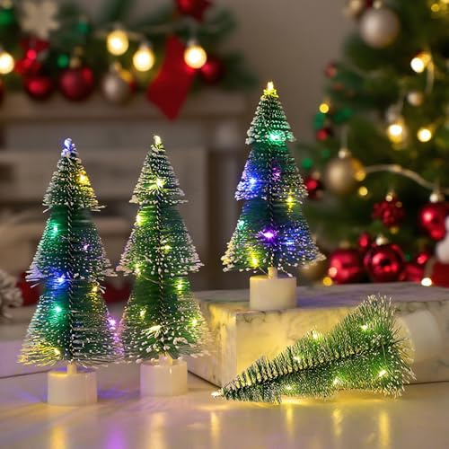 4 Stück Weihnachtsbaum mit Lichtern Mini Künstlicher Weihnachtsbaum Künstlich mit Leuchten und Schnee Miniatur Weihnachtsdeko für Home Tisch Deko
