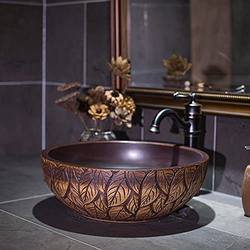 Lavabos de Porcelana para baño, lavabos sobre encimera con Hojas Marrones, Cuenco Redondo Tallado a Mano, Arte sin Grifo, Jingdezhen