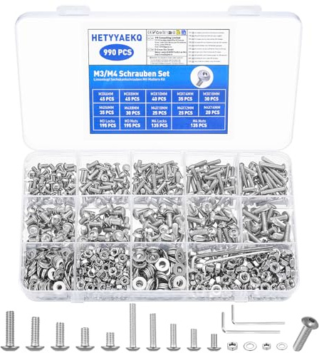 990 Stück M3 M4 Schrauben Set, Innensechskant Rundkopfschrauben Muttern Set, Linsenkopfschrauben und Muttern Unterlegscheiben Sets, Maschinenschrauben Sortiment, Innensechskantschrauben Sets