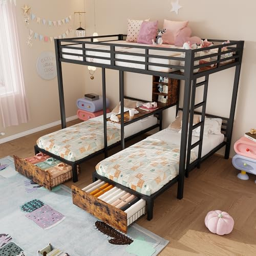 LinoraFurn litera, 140X200cm+90X200cm, 3 camas, con rejillas laterales, con compartimentos de almacenamiento, 2 cajones, estanterías, sin colchón, negro