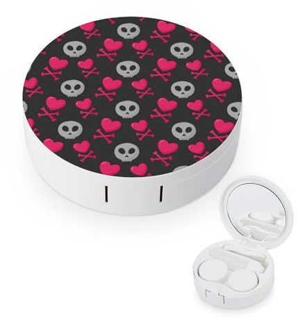 fkgvwo Contact Lens Container Black Skull Heart Travel Contact Lens Box with Mirror Tweezers Solution Bottle
