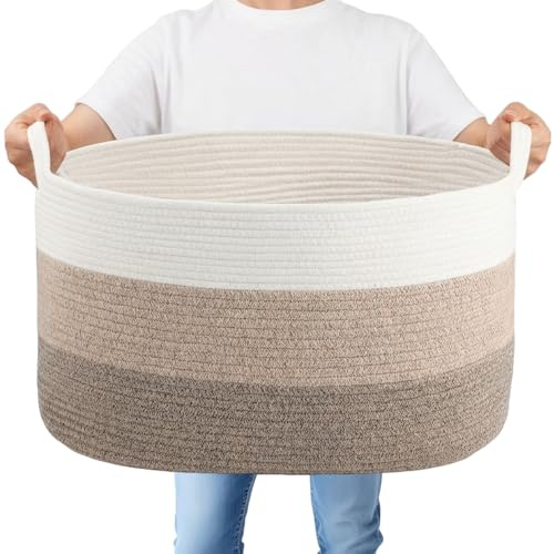 Dntorx 60L Large Cotton Rope Laundry Baskets With Handles, White & Brown
