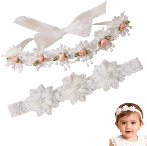 2 Pièces Bandeau Bébé Fille Couronne de Fleurs en Dentelle Élastique, Accessoire Cheveux Bébé pour Baptême Mariage Photographie, Serre Tête Fleur Rose et Blanc pour Nouveau-né Nourrisson 0-12 Mois