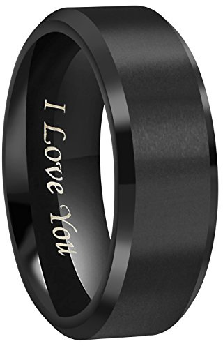 CROWNAL 4mm 6mm 8mm Black Titanium Wedding Couple Bands Rings Men Women Matte Finish Beveled Edges Engraved I Love You Comfort Fit Size 4 to 16 (8mm,9.5)