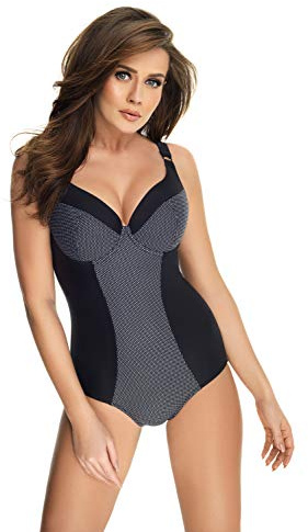 Selente My Secret attraktiva badkläder (bikini/baddräkt) i stora storlekar (C-kopp till J-Cup) med fördelaktigt snitt, Baddräkt svart/vit prickig, 90D