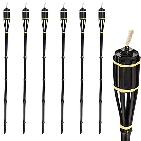 Harbour Housewares 6X Black 113cm Bamboo Garden Fire Torches - Outdoor Paraffin Lamp Oil Burner Tiki Candle Flame Lantern Stake Light