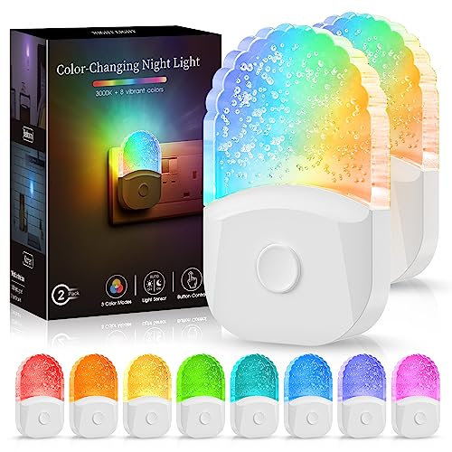 Emeritpro Night Light Plug in Wall with Dusk to Dawn Sensor, 0.5W Warm White+RGB Colorful Night Light, 3 Lighting Modes, Acrylic Plug in Wall Light for Hallway, Baby, Bedroom, Garage, 2 Pack