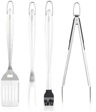 Tower T932002 4 Piece BBQ Tool Set with Hanging Loop, Including Spatula, Fork, Tongs & Basting Brush, Stainless Steel