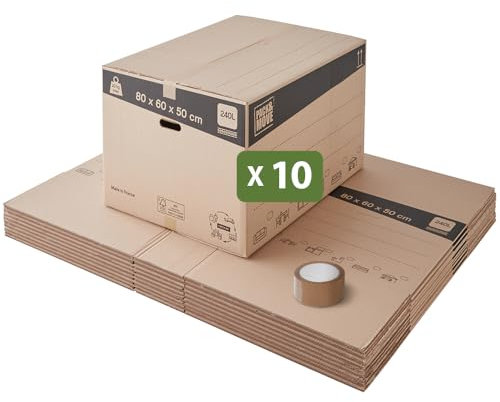 Pack and Move - Packung mit 10 XXL-Aufbewahrungs-Umzugskartons - 80 x 60 x 50 cm - verstärkte Griffe - 1 gratis Kleber