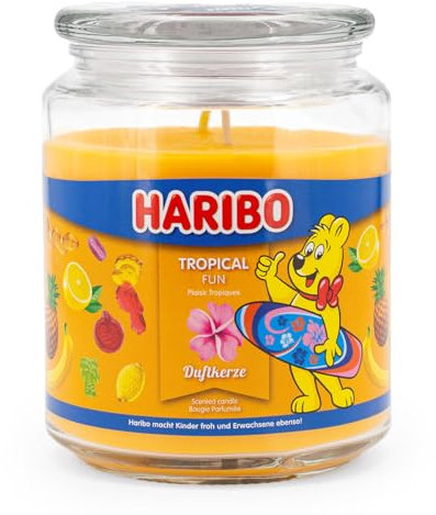 Haribo Große Duftkerze im Glas mit Deckel | Tropical Fun 510g | Duftkerze Fruchtig | 2 Dochte | Brenndauer bis 100h | Geschenkidee für Frauen | Fruchtiger Raumduft