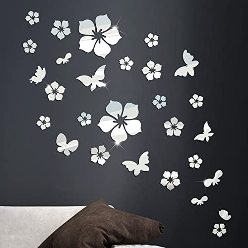 28 Stück Wandtattoo Acryl Blumen Schmetterlinge 3D Spiegel Wandaufkleber Wanddeko Silber Wand Aufkleber für Wohnzimmer Schlafzimmer Badezimmer Büro