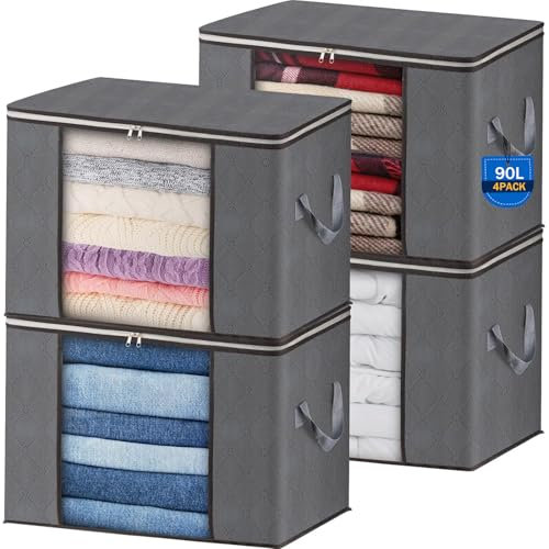AIOR 4pcs Scatole per Armadio Salvaspazio, 90L Grande Capacità Borsa Porta Abiti con Finestra Trasparente, Pieghevole Traspirante Organizzatore Borsa per Trapunte, Coperte, Biancheria da Letto
