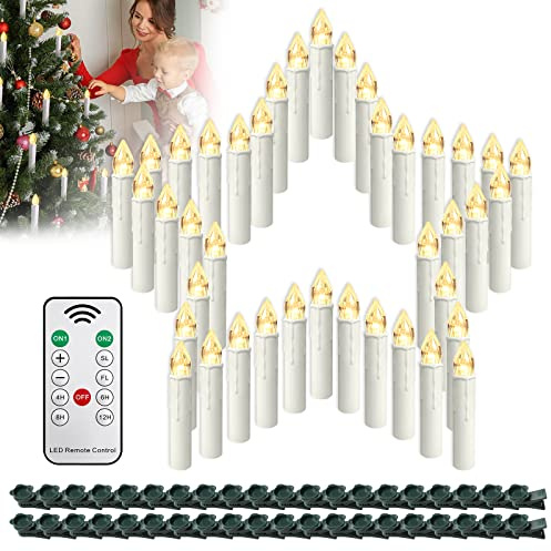 HENGMEI LED Kerzen Weihnachtskerzen Kabellos Flammenlose Warmweiß Dimmbar Kerzen mit Fernbedienung Timing-Funktion für Weihnachtsdeko, Weihnachtsbaum, Hochzeit, Partys(40 stück)