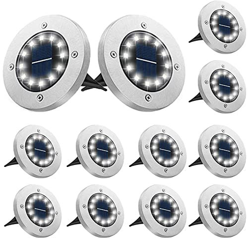 Bowfar 12 Stück Solar Bodenleuchten Aussen, Solarleuchten Garten mit 12 LEDs für Außen, 3000K Kaltweiß Wasserdicht Led Solar Gartenleuchten, Solarlampen für Rasen Auffahrt Gehweg Patio Garden