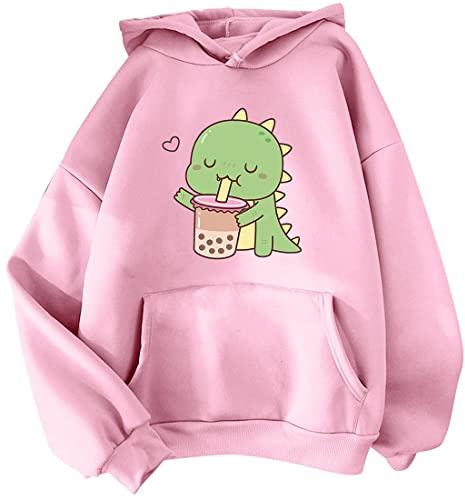 YINGKE Donna Adolescente Kawaii Morbida Felpa con Cappuccio Carino Dinosauro Anime Stampa Maniche Lunghe Autunno Inverno Felpa Ragazze Felpa(2XL,RosaMilktea)