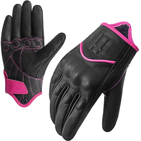 Harssidanzar Womens Full Finger Goatskin Leather Touchscreen Motorcycle Gloves GL016,Pink/Black, Size L