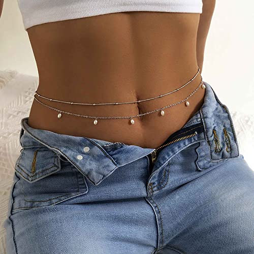 TseenYi Strand Bikini Bauch Kette Perle Quaste Geschichtet Taille Kette Kleine Perlen Körper Kette Sommer Sexy Körper Kette Schmuck Für Frauen Und Mädchen Geschenke (Silber)