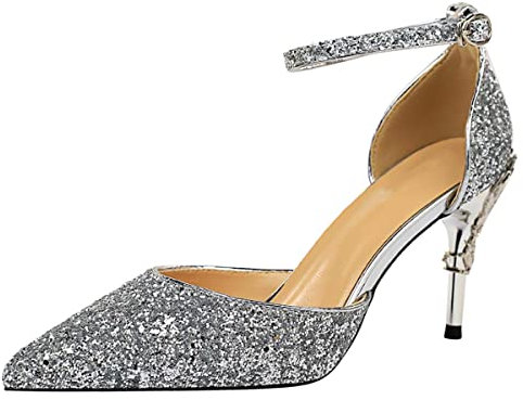 JOEupin Sexy Stiletto-Pumps für Damen, geschlossene Zehenpartie, glitzernde Pailletten, Knöchelriemen, 7,6 cm Absatz, Sandalen, Kleiderschuhe für Party, Hochzeit, Abend, silber, 39 EU