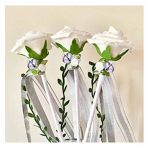 SHTGOI 5 Stück Wedding Wands Rose Hochzeitsbänder Zauberstäbe mit Baum-Rebe und Glocken Spitze Stäbe Glücksstäbe Seidenfeenstab Ribbon Feenstäbe für Hochzeit Weihnachten Geburtstag Party Weiß