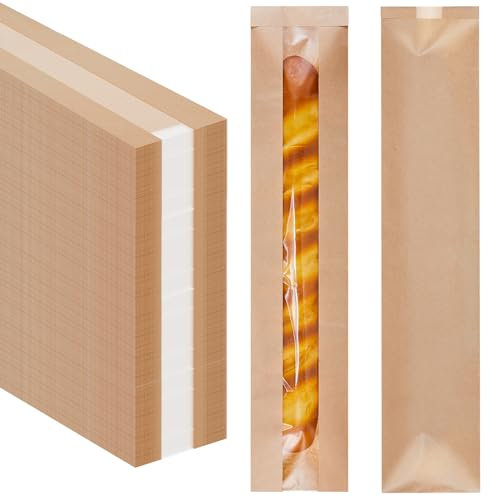 Layhit 300 Stück Papierbrottüten für hausgemachtes Brot mit Fenster, Baguette-Tasche, frisches Brot, Kastenbeutel, braune Kraftbrot-Aufbewahrungsbeutel, lange französische Brot-Verpackungsbeutel,