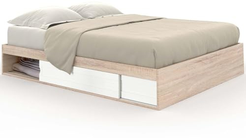 IDMarket - Cadre de lit Double Salem avec rangements et sommier 140 x 190 cm façon hêtre et Blanc
