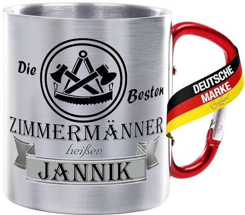 Crealuxe Edelstahltasse mit Karabiner - Die Besten Zimmermänner heißen Wunschname - 330ml, Tasse personalisiert, Kaffeetasse, Bürotasse, Metalltasse mit Name