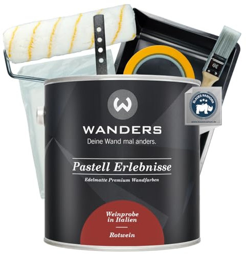 Wanders Pastell Erlebnisse Wandfarbe 2,5L (Rotwein, Rot) inkl. Streichset Basic – Premium Kreidefarbe, Leichte Anwendung, Hochdeckend, Ultramatt, Perfekt für Heim-DIY